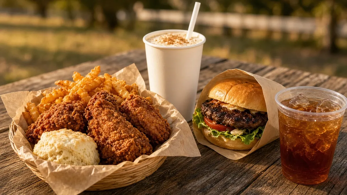 Fried chicken, a biscuit and crinkle fries beside a chargrilled burger, milkshake and iced tea on a picnic table at golden hour