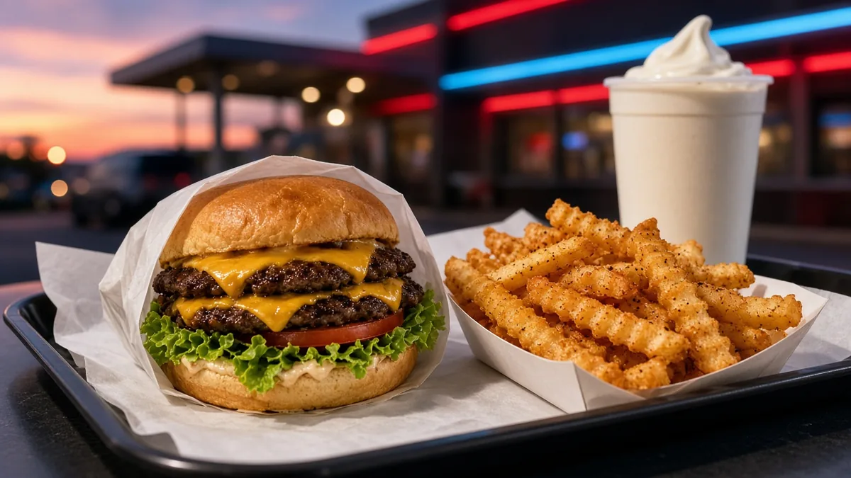 Double cheeseburger, seasoned crinkle fries and a milkshake on a drive-thru tray, comparing Cook Out vs Checkers style meals