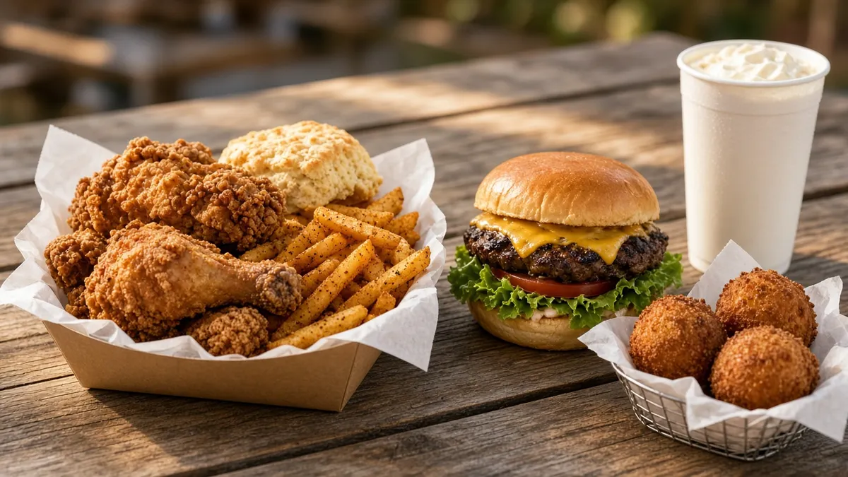 Basket of crispy Southern fried chicken with Cajun fries and a biscuit next to a chargrilled burger tray and a milkshake