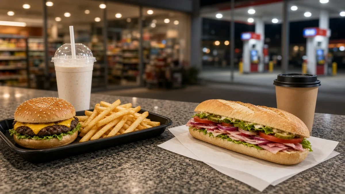 Burger tray with fries and a milkshake next to a made-to-order sub and coffee at a gas station counter, Cook Out vs Sheetz