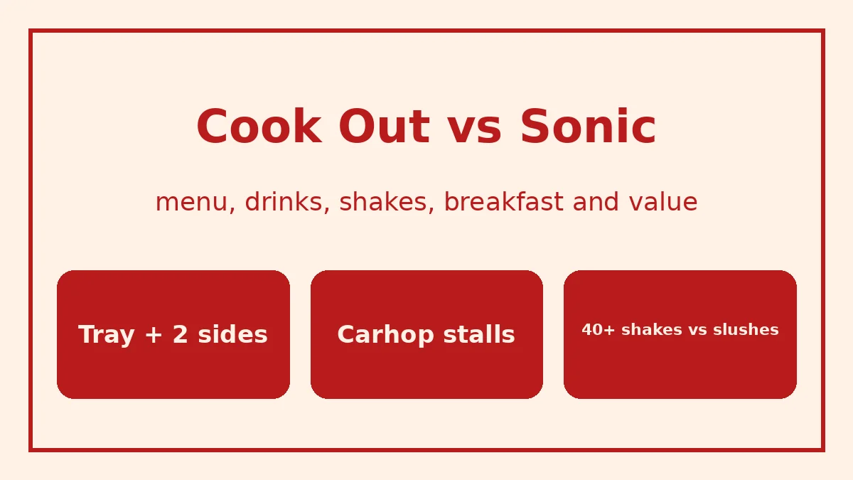 Cook Out vs Sonic compared: a Cook Out tray and thick milkshake beside a drive-in stall with a slush and tots