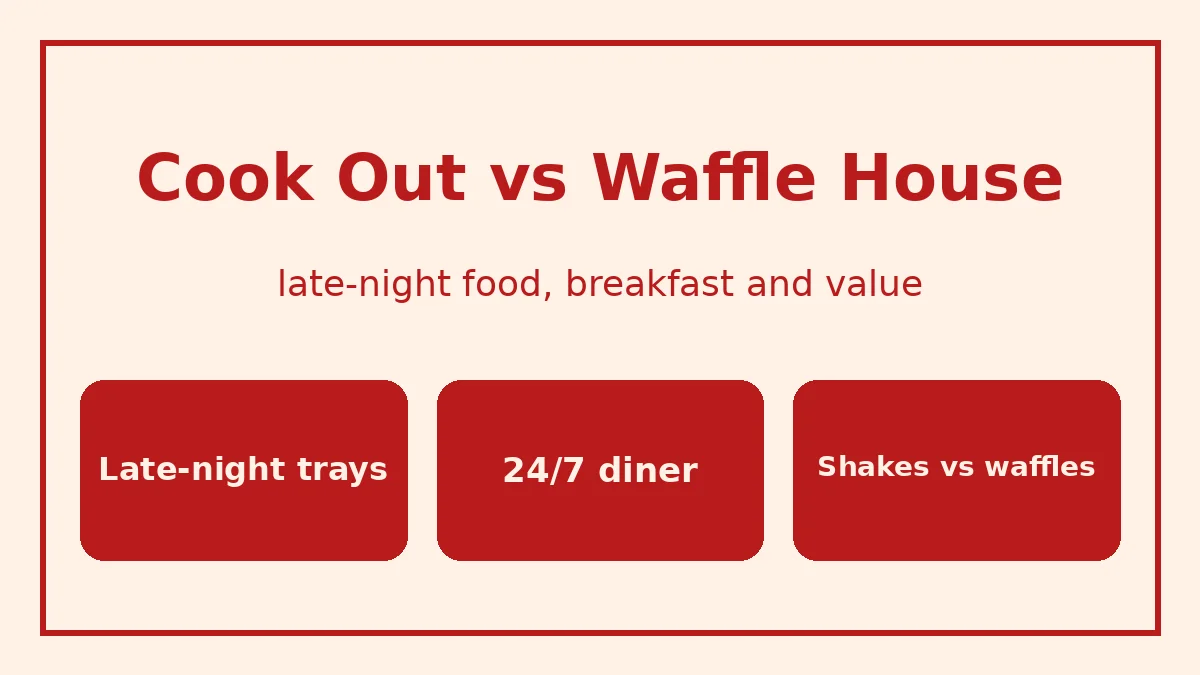 Cook Out vs Waffle House: a late-night Cook Out tray and milkshake beside a waffle, eggs and hash browns at a diner counter
