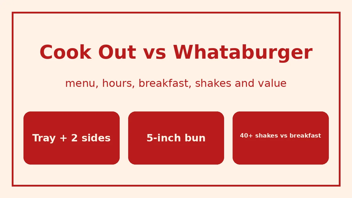Cook Out vs Whataburger compared: a Cook Out tray with two sides and a milkshake beside a big burger on a five-inch bun