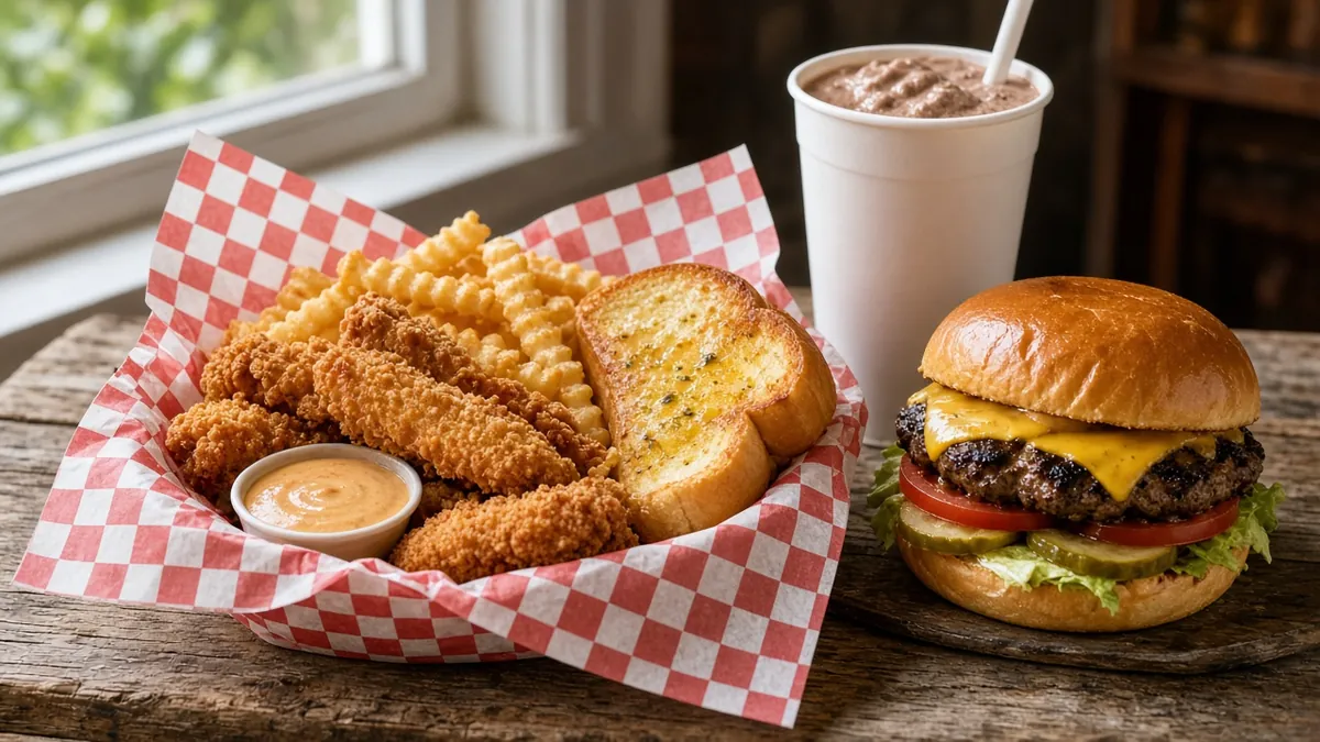 Basket of crispy chicken fingers with dipping sauce, crinkle fries and Texas toast beside a burger and milkshake