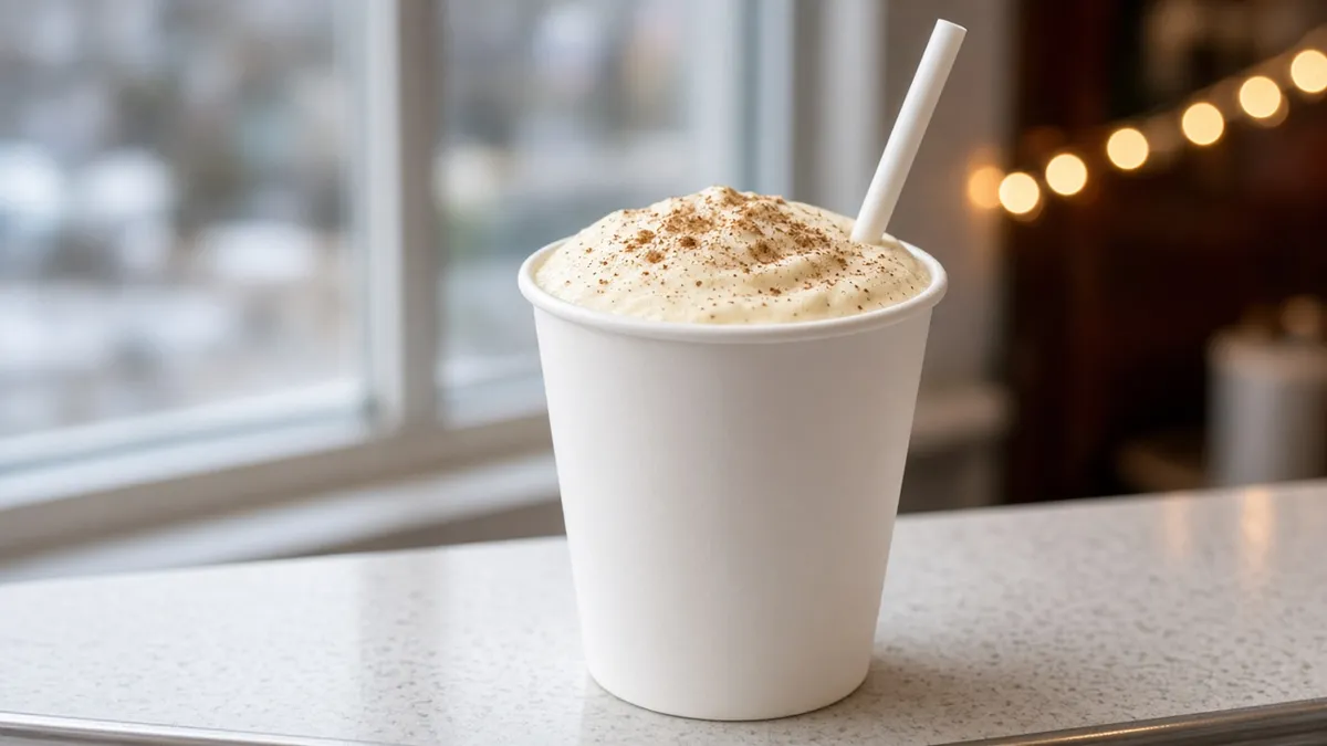 Tall eggnog milkshake with nutmeg on top in a plain paper cup on a counter with soft winter light and holiday lights in the background