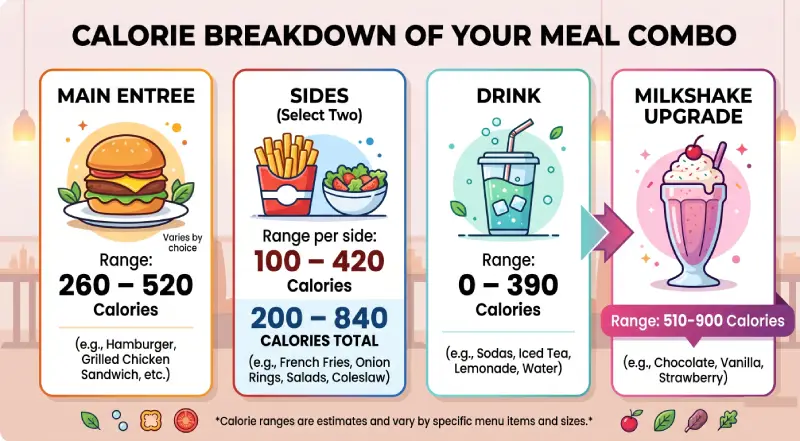Cook Out Tray calories infographic showing component calorie ranges for mains, sides, and drinks