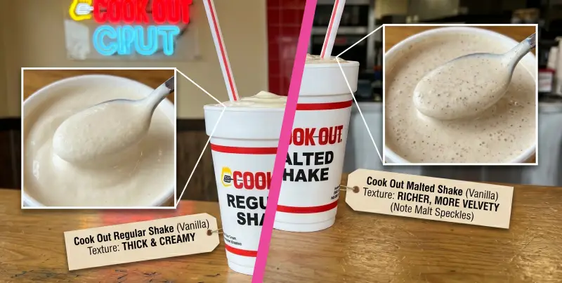 Side by side comparison of Cook Out regular shake and malted milkshake showing texture difference