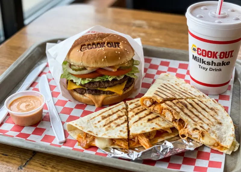 Cook Out Tray showing Double Up strategy with two quesadilla sides alongside Big Double burger
