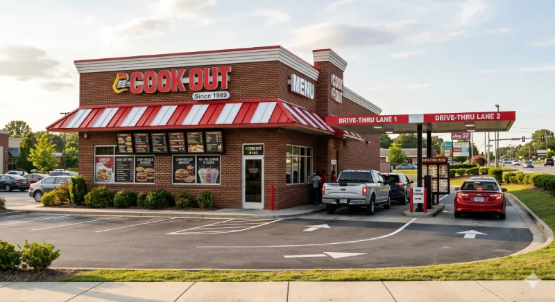 Cook Out Menu restaurant exterior with drive-thru lanes