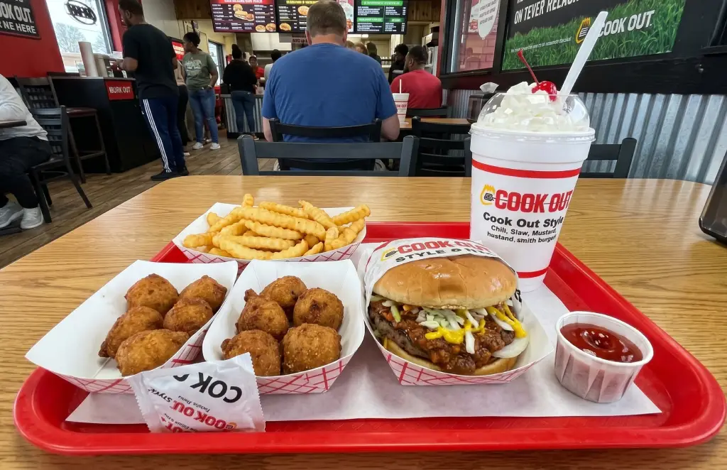 Cook Out Tray combo meal with Big Double burger, Cajun Fries, Hush Puppies, and Cheerwine drink
