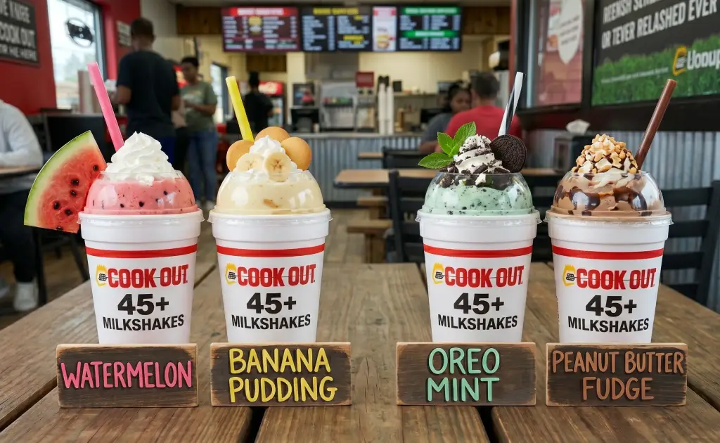 Cook Out Milkshake Flavors gallery showing Watermelon, Banana Pudding, Oreo Mint, and Peanut Butter Fudge shakes